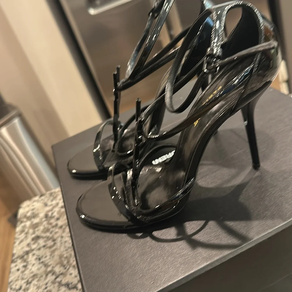 Saint Laurent Glossy Black Strappy Heels - Picture 7 of 17